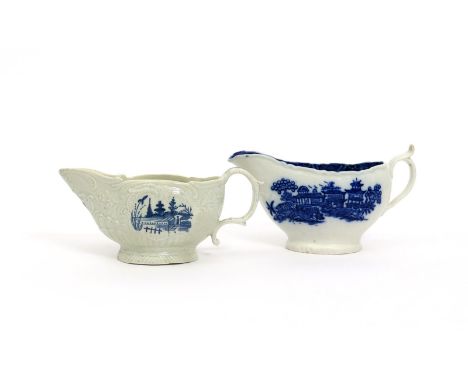 Two English porcelain blue and white sauceboats  c.1770-80, one Pennington's (Liverpool) and painted with Chinese landscape v