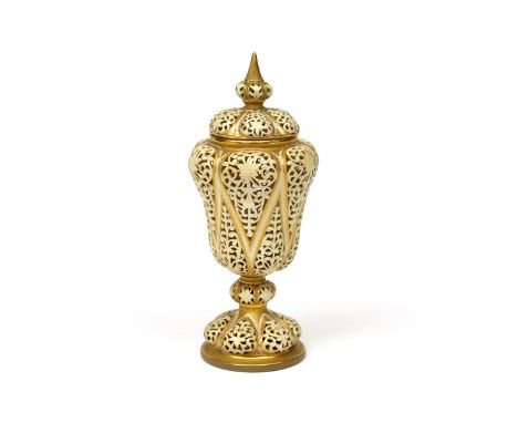 A Grainger's Worcester pot pourri vase and cover  late 19th century, the sides finely reticulated with stylized floral panels