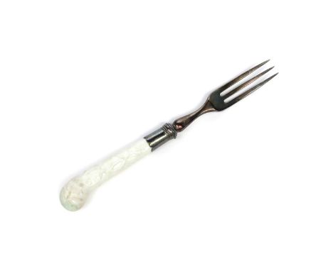 An early Chelsea porcelain fork handle  c.1752, the pistol grip haft moulded with tea plant sprays and left in the white, wit
