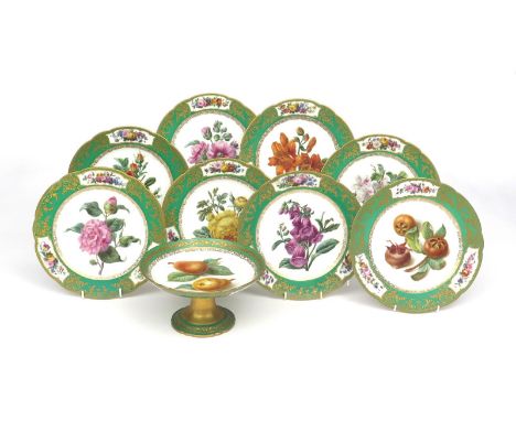 A Paris porcelain (Feuillet) part dessert service  c.1840, finely painted with botanical specimens of flowers and fruit, the 