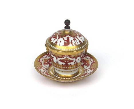 A Paris porcelain bowl with cover and stand 19th century, painted in red and gilt with seated Chinese figures between stylize