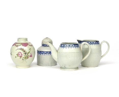 A pearlware part tea service  c.1800, comprising a teapot, a large jug and a tea canister and cover, the finely reeded forms 