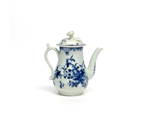 An unusually small Worcester blue and white coffee pot and cover  c.1760-70, painted in the Mansfield pattern, script W mark,