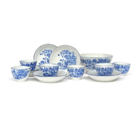 An English porcelain blue and white miniature part tea service  late 18th century, possibly Caughley/Coalport, printed with t