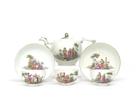 A Meissen part tea service  mid 18th century, painted with pastoral scenes of peasant families at various pursuits in the cou