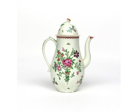 A Lowestoft coffee pot and cover of exceptional size  c.1780, painted in polychrome enamels with a loose spray of stylized fl