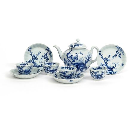 A Worcester blue and white part tea service  c.1755, comprising of a teapot and cover, four teabowls and four saucers, the Wa