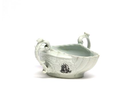 A Worcester two-handled sauceboat  c.1755, the exterior printed in black with four vignettes of Men of War ships within mould