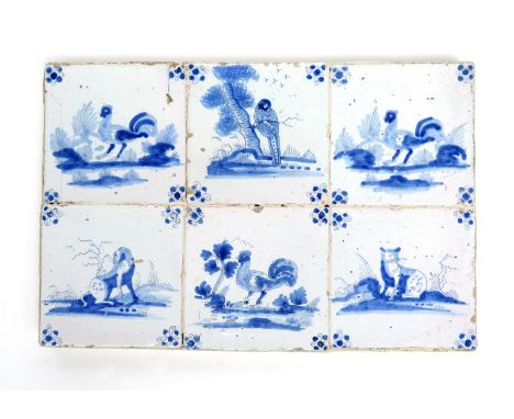 A Delft six tile panel  c.1680, each tile painted in blue with a bird or animal, three with cockerels, one with a parrot, one