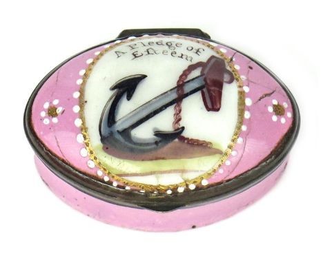 A Staffordshire enamel patch box  c.1770, the oval cover painted with a spoiled anchor beneath the inscription 'A Pledge of E