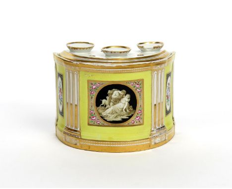 An English porcelain bough pot and cover  c.1800, painted perhaps in the atelier of Thomas Baxter with a central panel depict