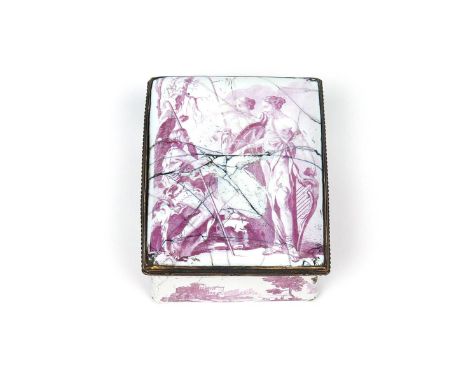 A Battersea enamel rectangular snuff box  c.1755, engraved by Ravenet, the print in puce with Paris awarding the apple to Hib