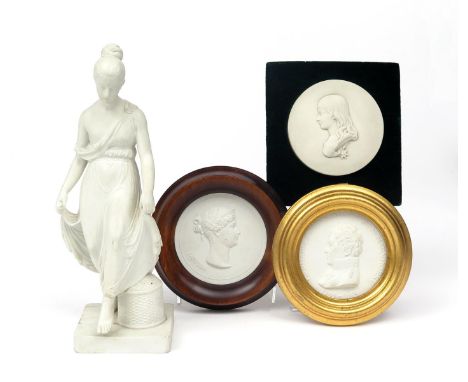 A Copenhagen biscuit porcelain figure of a girl  19th century, holding the edges of her dress and dancing beside a covered ba