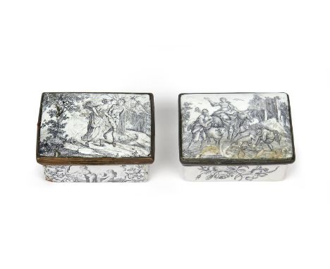 Two Birmingham enamel snuff boxes  c.1760, one printed with the Haymakers to the cover, the interior cover with the portrait 