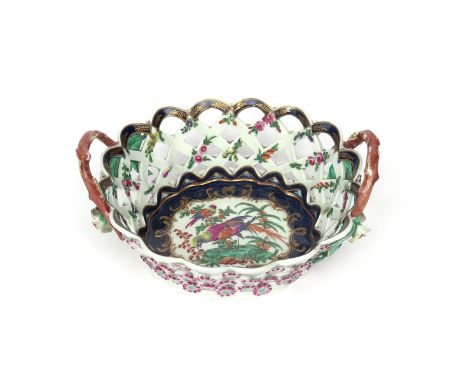 A Worcester two-handled basket  c.1770, the oval form painted to the interior with colourful long-tailed birds standing amids