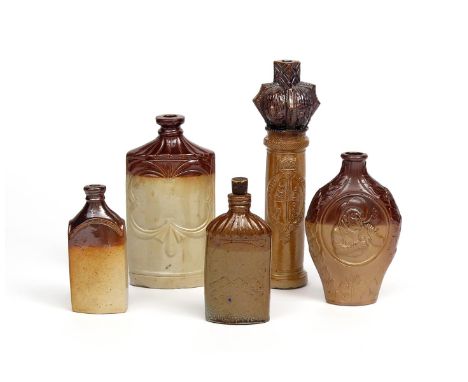 Five brown stoneware spirit flasks  19th century, one by Stephen Green and modelled as a tipstaff, two other Lambeth and of f