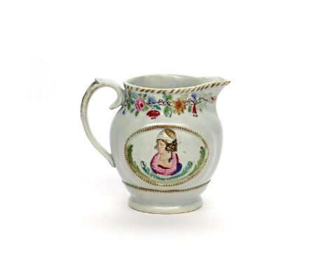 A pearlware commemorative jug  c.1820, moulded to each side with the head and shoulders portrait of Caroline of Brunswick ben