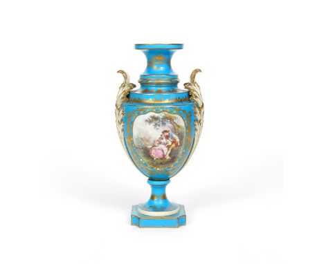 A Sèvres-style vase  19th century, one side painted with a panel of rural lovers reclining beneath a tree, the reverse with a