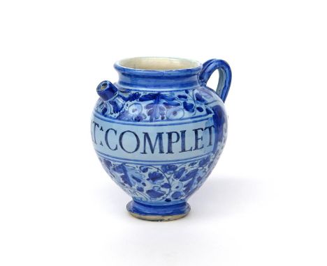 An Italian maiolica berettino syrup or wet drug jar  dated 1747, possibly Marchigian, the large ovoid form titled 'Ol: Rosat: