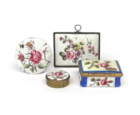 A Bilston enamel patch box  c.1770, of rectangular form, painted with a moth perched on a pink rose above a caterpillar withi