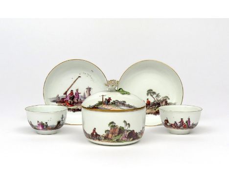 A Meissen part tea service  c.1740, finely painted with scenes of traders and merchants in harbours and with figures in rural