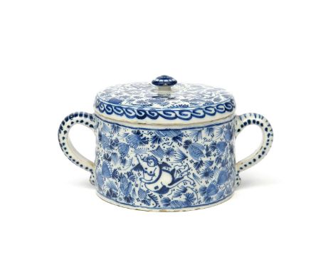 A Lambeth delftware posset pot and cover  c.1750, the squat cylindrical form painted in blue with rotund putti carrying heart