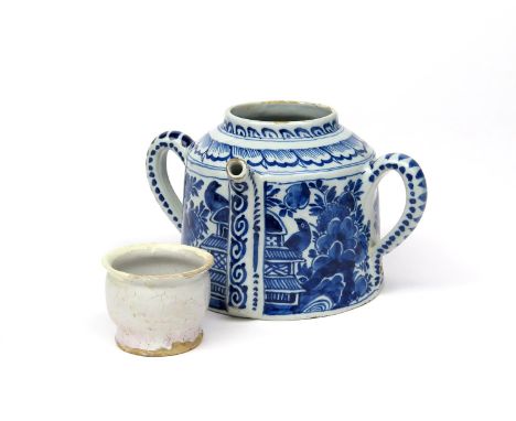 A Lambeth delftware posset pot  c.1720, the cylindrical form painted in blue with birds perched on pagodas beside large flowe