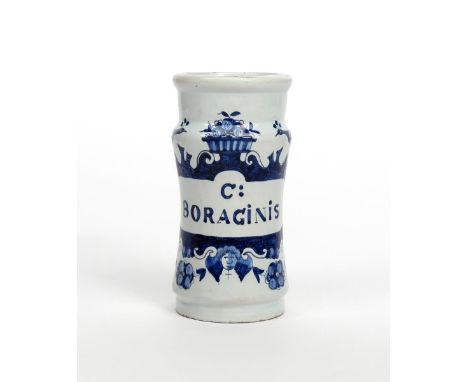 A Delft drug jar  late 18th/19th century, of waisted albarello form, painted in blue with a cartouche inscribed 'C:BORAGINIS'