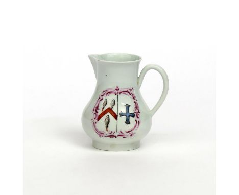 A Philip Christian (Liverpool) armorial milk jug  c.1768, painted in polychrome enamels with the arms of Brougham impaling La