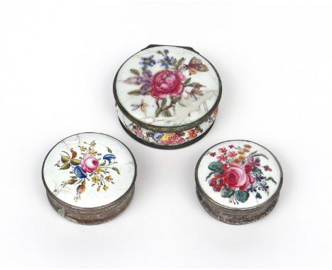 Three Bilston enamel snuff boxes  c.1760-80, one painted with a butterfly alighting on a spray of flowers, the sides with fur