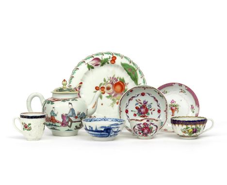 A group of English porcelain teawares  2nd half 18th century, including a Worcester teapot and replacement cover painted in p