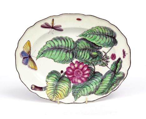 A Chelsea Hans Sloane oval dish  c.1755, painted with a bold botanical specimen beside a butterfly and other flying insects, 