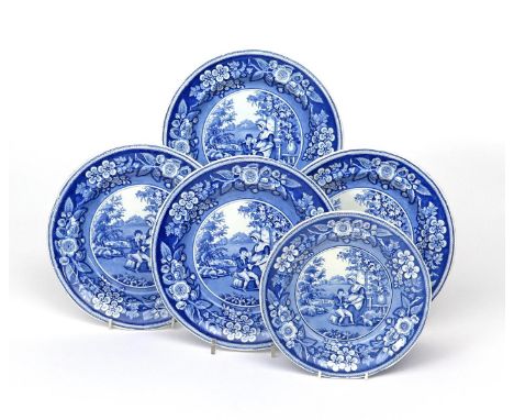 Five Ridgway blue and white transferware plates  c.1820, printed in the Blind Boy pattern, the unfortunate lad seated beside 