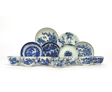 A group of Worcester blue and white teawares  c.1760-80, variously printed and painted with patterns including Birds in Branc