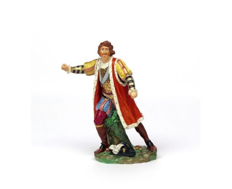 A Derby theatrical figure of Richard III early 19th century, modelled in dramatic pose with colourful costume, his plumed hat