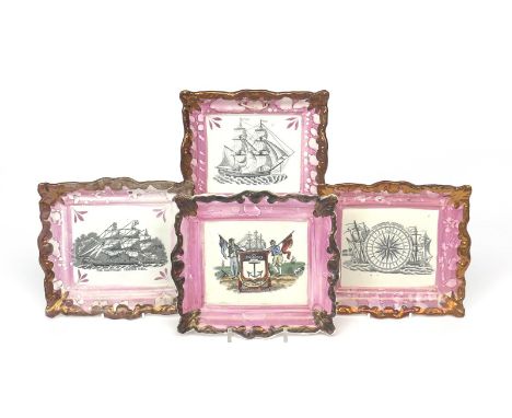 Four Sunderland lustre plaques  19th century, of rectangular form, one printed with a scene of 'The Mariner's Compass', two w