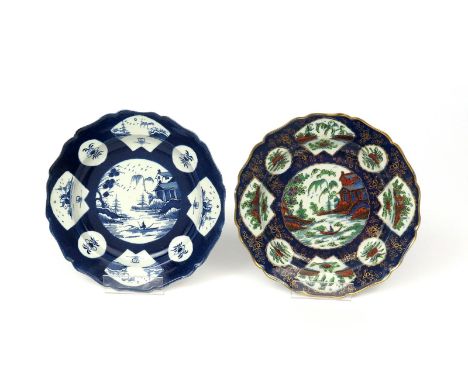 Two Worcester plates  c.1770, both decorated with a figure in a boat in a Chinese landscape, the rim with fan-shaped panels o