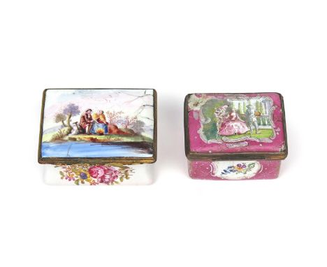 Two Staffordshire enamel snuff boxes  2nd half 18th century, one painted to the cover with Harlequin, Columbine and Pulcinell