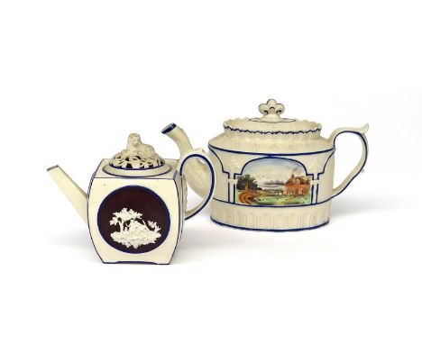 Two Castleford dry-bodied stoneware teapots and covers  early 19th century, one square and sprigged with panels of putti and 