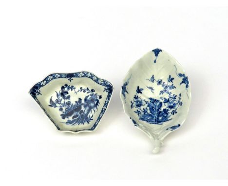 A large Worcester blue and white pickle dish  c.1755, of deep leaf shape, painted with the Two Peony Rock Bird pattern, workm