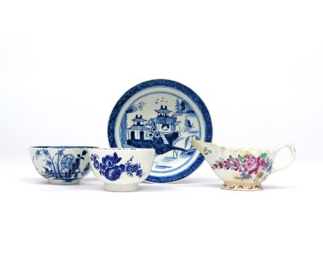 A small group of English porcelains  c.1770-80, including a blue and white Richard Chaffers (Liverpool) teabowl with peony an