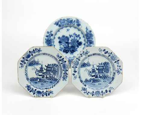 A pair of Dublin delftware octagonal plates  c.1760, painted with pagodas and an arched bridge in a Chinese landscape, the ri