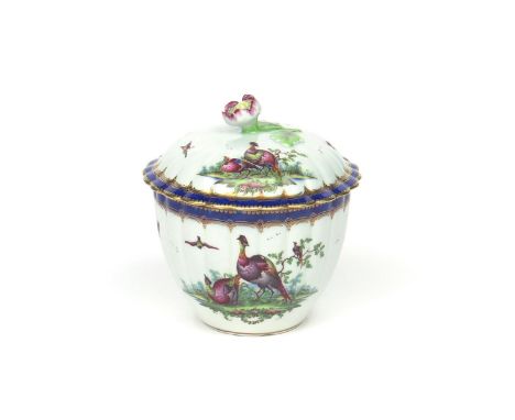 A Worcester sucrier and cover  c.1780-85, of fluted form, finely painted perhaps by George Davis with colourful 'fancy' birds