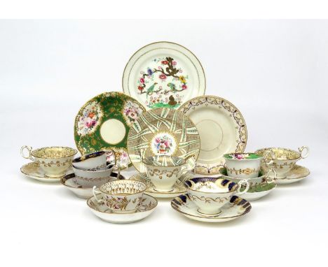 A group of English porcelain teawares  19th century, including a Samuel Alcock teacup and saucer with cake plate, a Spode pla