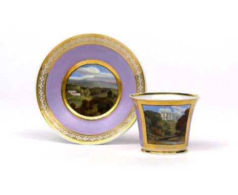 A good Chamberlain cup and saucer  c.1815-20, finely painted in the manner of Thomas Baxter with titled views of stately home