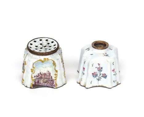 Two South Staffordshire enamel pounce pots c.1770, of cruciform shape, one painted with flower sprays and small scattered spr