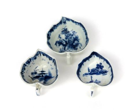 Two Lowestoft blue and white butterboats  c.1775, the deep leaf shapes painted to the interiors, one with cannon ball type ro