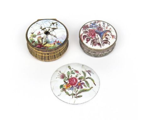 Two circular snuff boxes  late 18th century, with metal bases and enamel lids, one painted with flowers, the other with figur