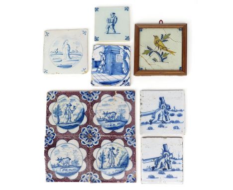 Nine delftware tiles  mid 18th century, three Biblical and painted in blue with Christ carrying the cross, and with Judas han