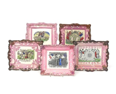 Five rectangular Sunderland lustre plaques  19th century, variously decorated with maritime and trade subjects, one of a sail